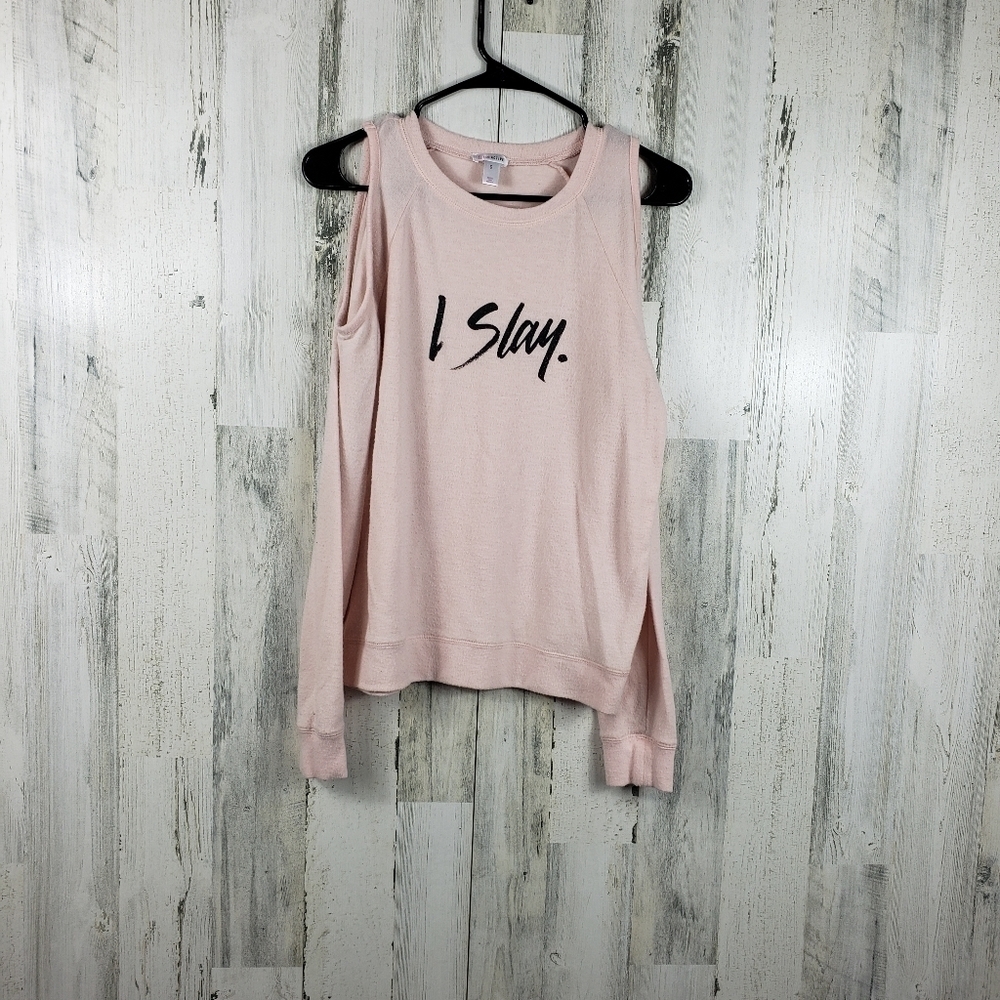 flirtitude active cold shoulder i slay long sleeve shirt women's size S